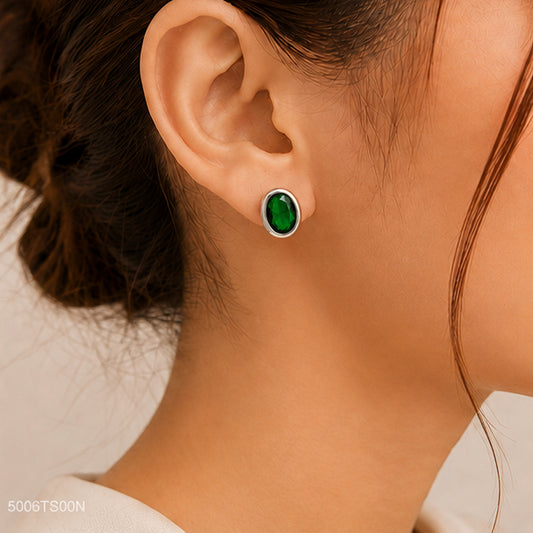 Green Oval Silver-Tone Ear Studs