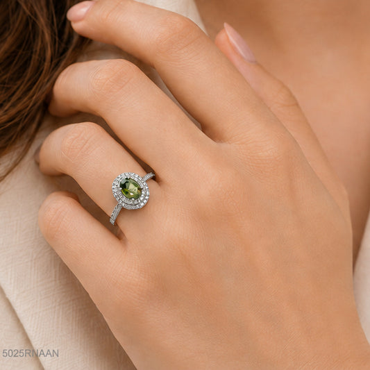 Green Oval Halo Ring
