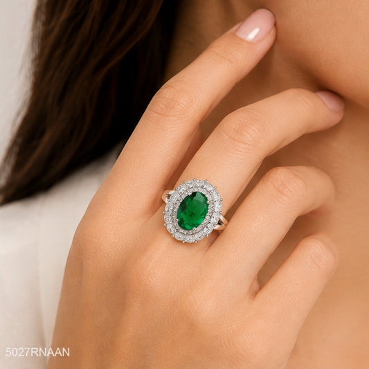 Green Oval Halo Ring