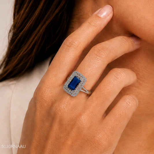Blue Rectangle Halo Ring