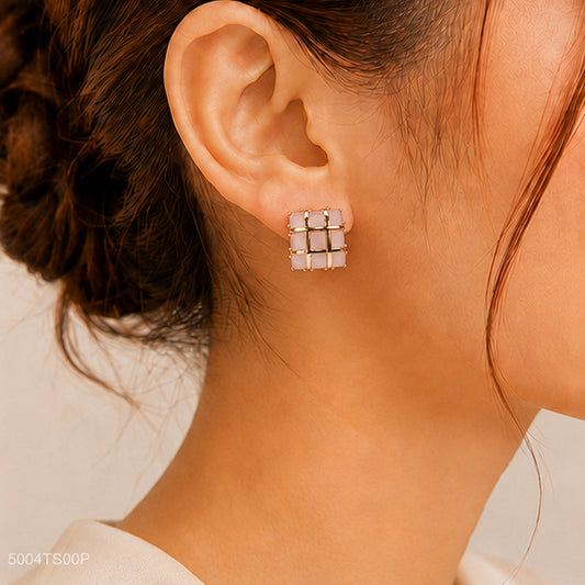 Pink Geometric Grid Ear Studs