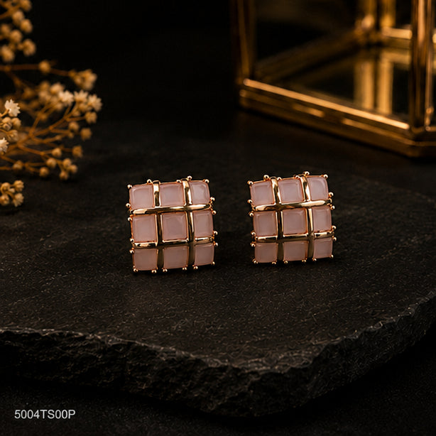 Pink Geometric Grid Ear Studs