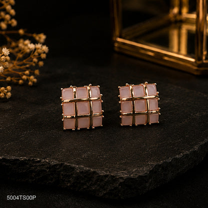 Pink Geometric Grid Ear Studs