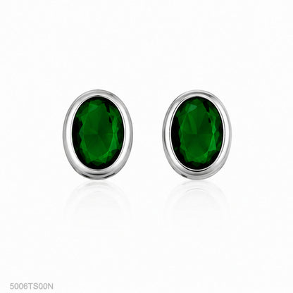Green Oval Silver-Tone Ear Studs
