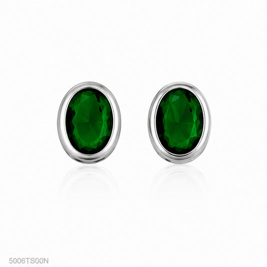 Green Oval Silver-Tone Ear Studs