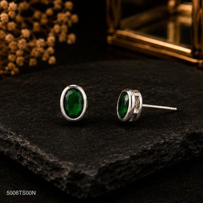 Green Oval Silver-Tone Ear Studs