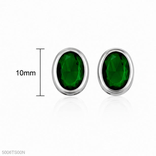 Green Oval Silver-Tone Ear Studs