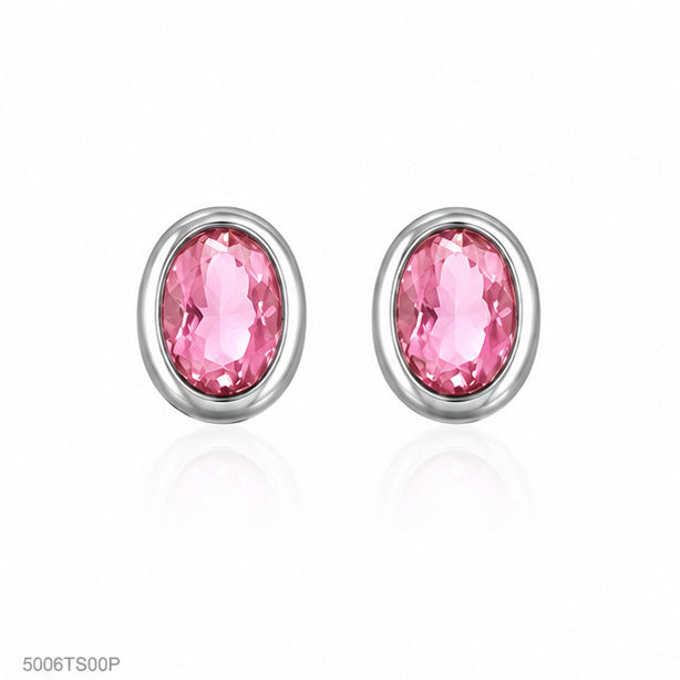 Pink Oval Silver-Tone Ear Studs