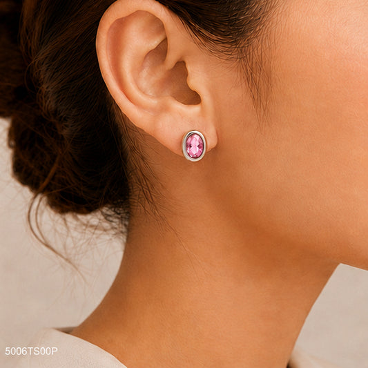 Pink Oval Silver-Tone Ear Studs