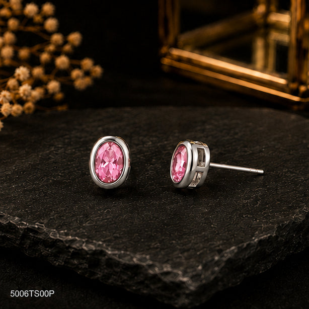 Pink Oval Silver-Tone Ear Studs