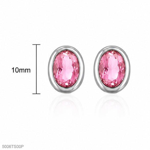 Pink Oval Silver-Tone Ear Studs