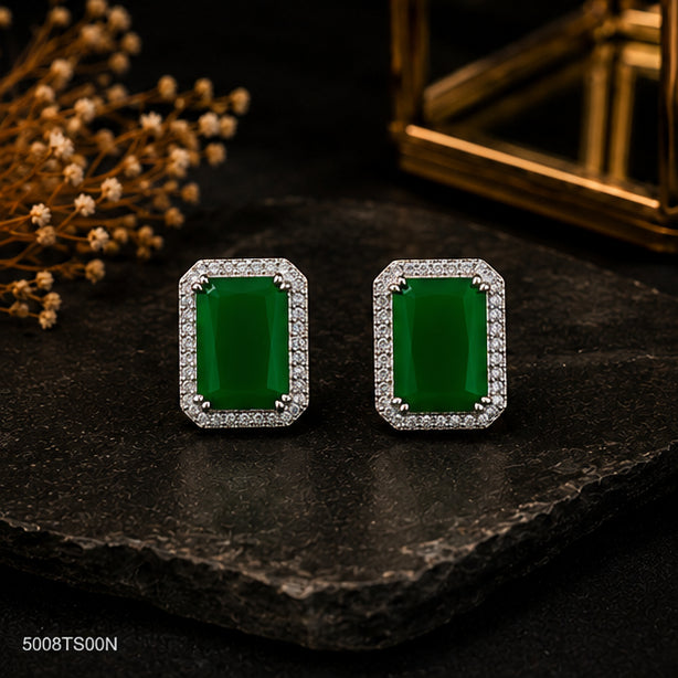 Green Rectangle Crystal Ear Studs