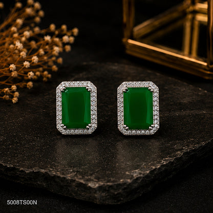 Green Rectangle Crystal Ear Studs