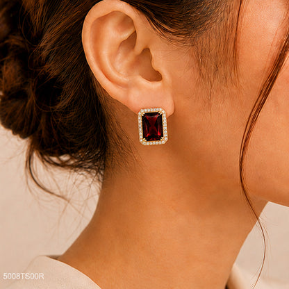 Red Rectangle Crystal Ear Studs