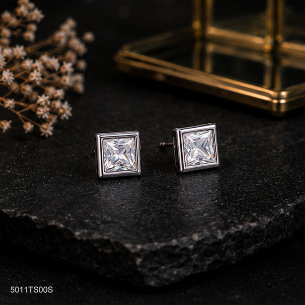 Silver Square Crystal Ear Studs