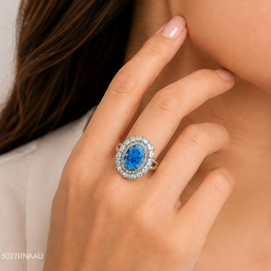 Blue Oval Halo Ring