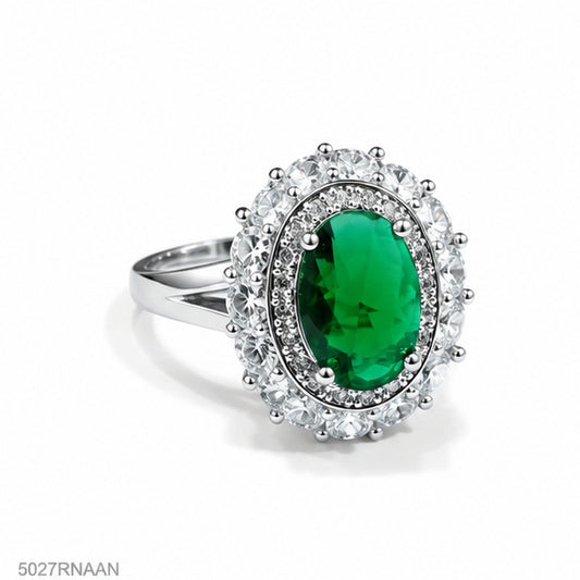 Green Oval Halo Ring
