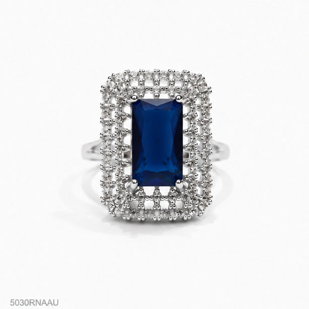 Blue Rectangle Halo Ring