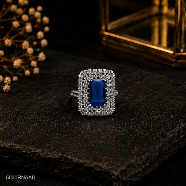 Blue Rectangle Halo Ring