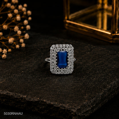 Blue Rectangle Halo Ring