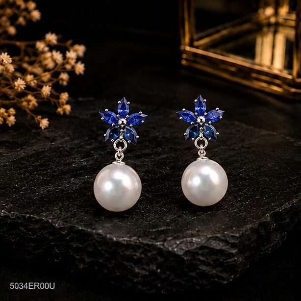 Blue Floral Pearl Earrings