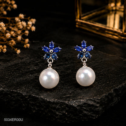 Blue Floral Pearl Earrings