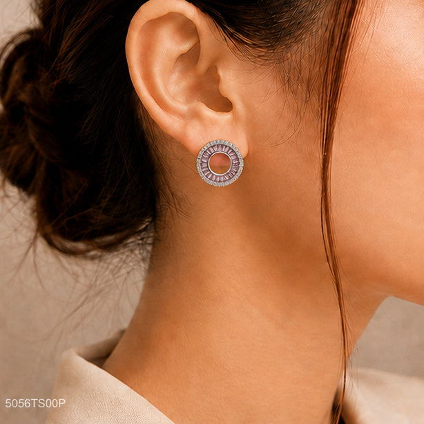 Pink Round Crystal Ear Studs