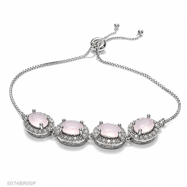 Pink Oval Crystal Silver Bracelet