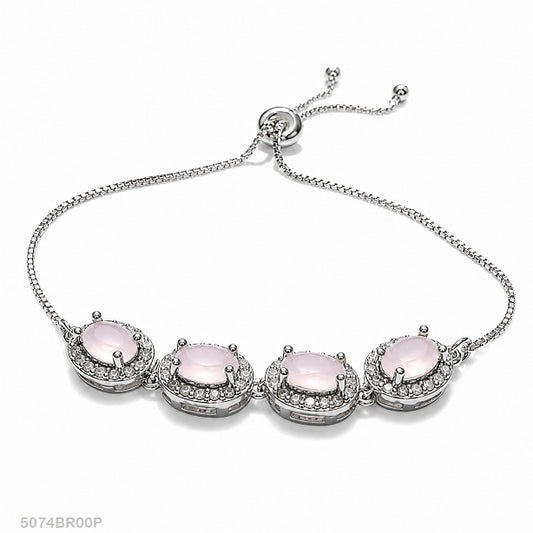 Pink Oval Crystal Silver Bracelet