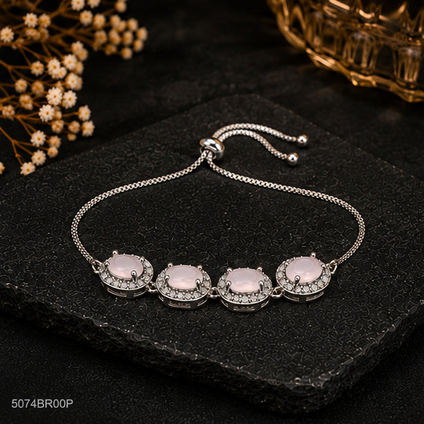 Pink Oval Crystal Silver Bracelet