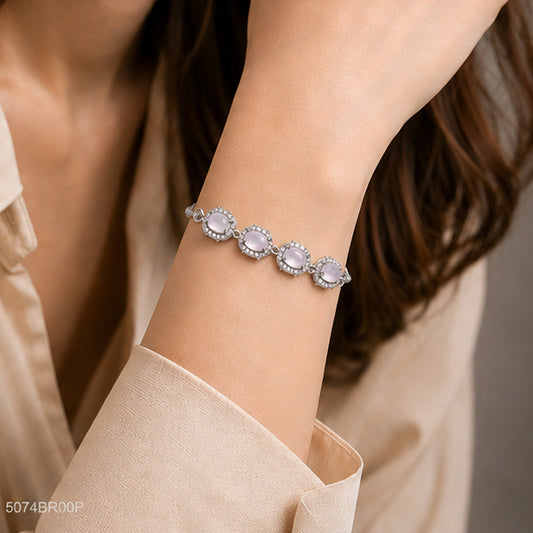 Pink Oval Crystal Silver Bracelet