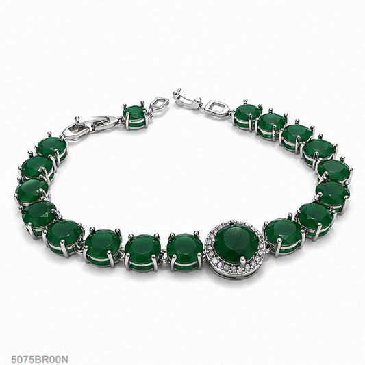 Green Round Bead Silver Bracelet