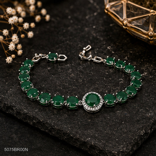 Green Round Bead Silver Bracelet