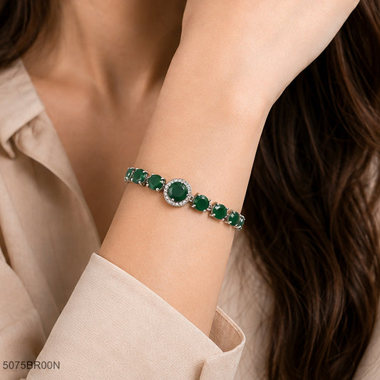Green Round Bead Silver Bracelet