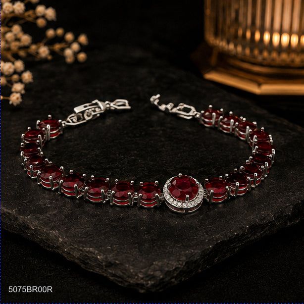 Red Round Bead Silver Bracelet