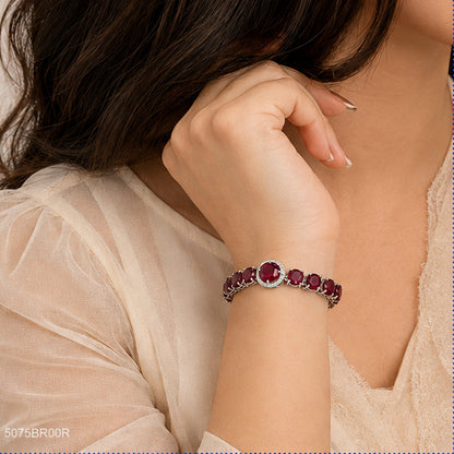 Red Round Bead Silver Bracelet