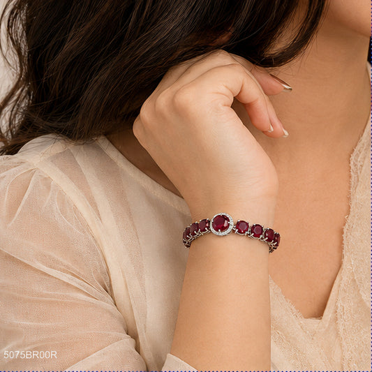 Red Round Bead Silver Bracelet