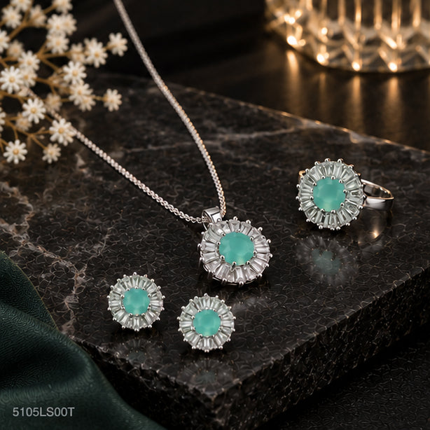 Mint Crystal Floral Locket Set