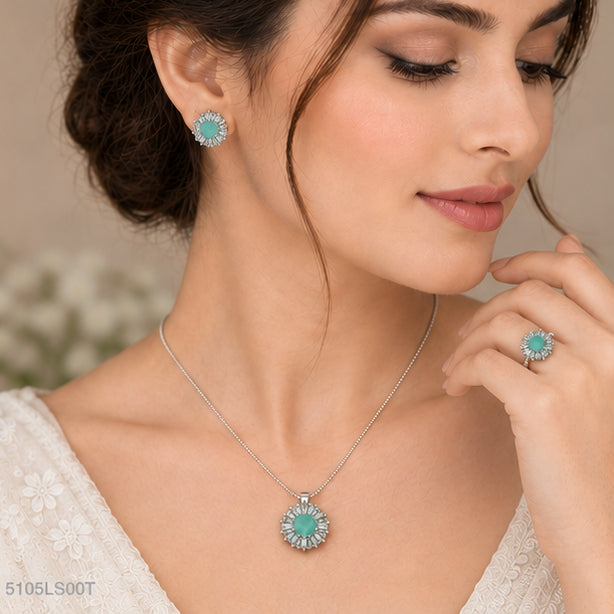 Mint Crystal Floral Locket Set